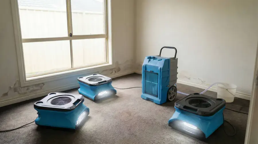 Air movers and a dehumidifier drying a carpeted room after a leak