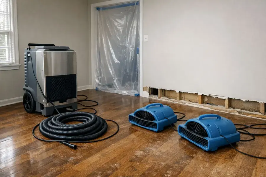 Dehumidifier and air movers drying a wood floor behind containment in a Leander home