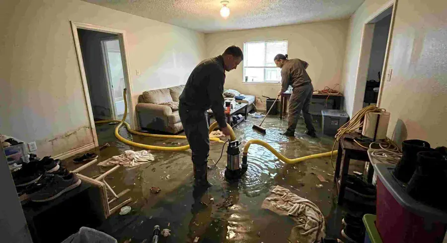 Restoration crew pumping standing water out of a flooded home in Leander, TX