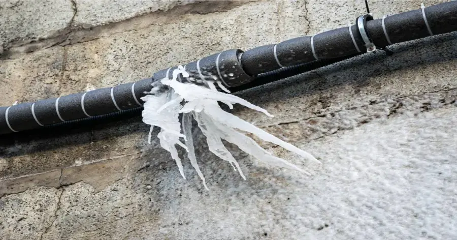 Split pipe spraying ice on an exterior wall after a hard Central Texas freeze