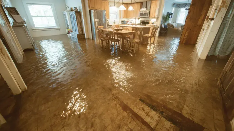 Standing water across the floor of a flooded Leander home before extraction