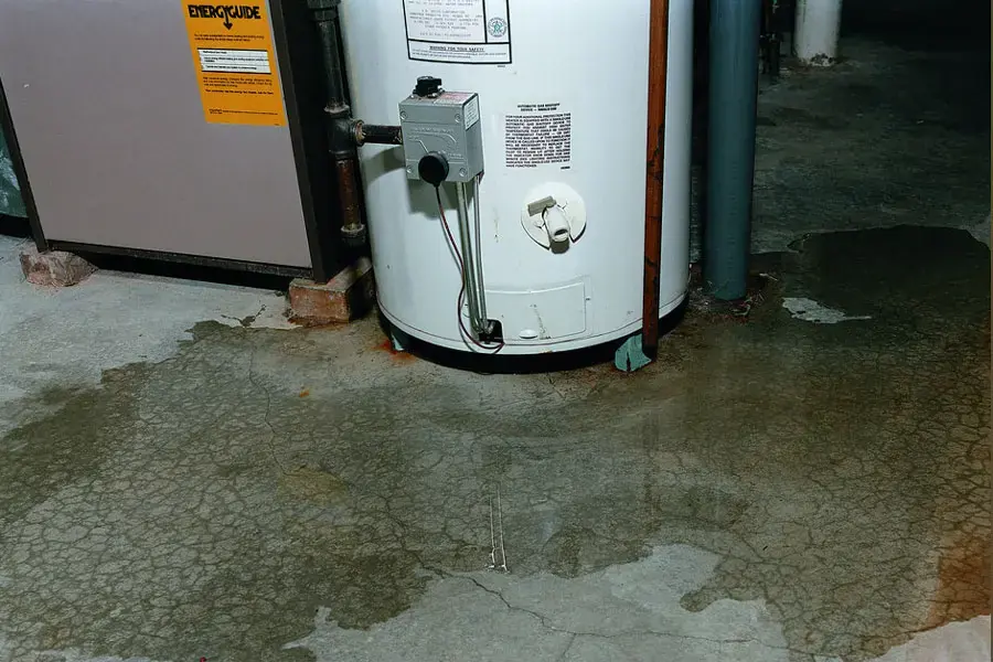 Water spreading across the floor from a leaking tank water heater